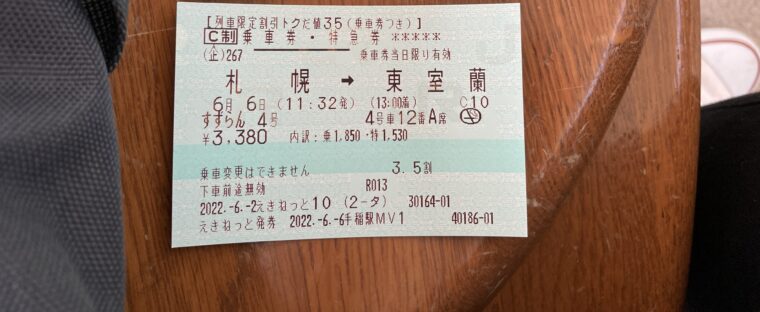 札幌駅から東室蘭間までの乗車券つきの特急券