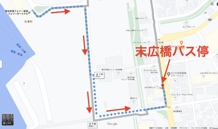 Googleマップ上で示した末広橋バス停
